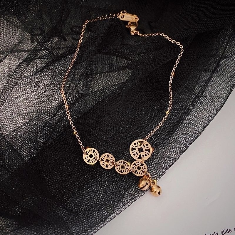 👗台灣現貨🌿招財 銅錢 鈴鐺 腳鍊 18K玫瑰金彩金腳鏈/鈦鋼腳鍊 防過敏不掉色可碰水 鏤空錢幣腳鍊【IO17】-細節圖6