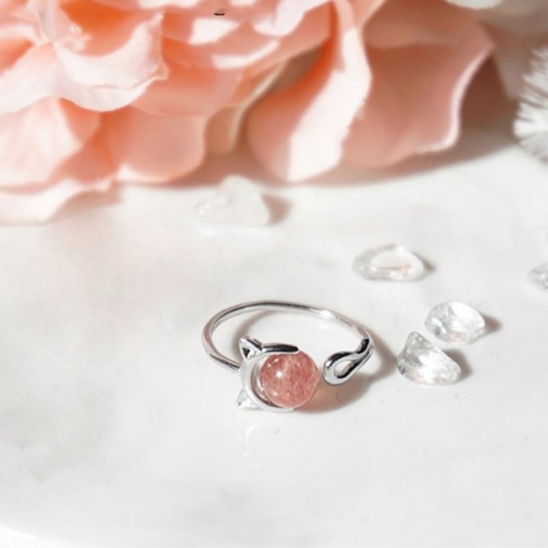 💍台灣現貨🌿S925銀戒指草莓水晶貓開口戒指 貓咪運轉石戒指 運轉著桃花石 招桃花 招人緣-細節圖3
