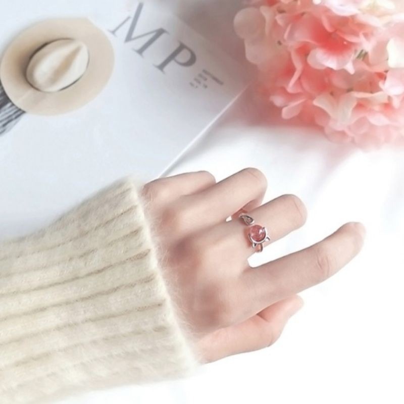 💍台灣現貨🌿S925銀戒指草莓水晶貓開口戒指 貓咪運轉石戒指 運轉著桃花石 招桃花 招人緣-細節圖6