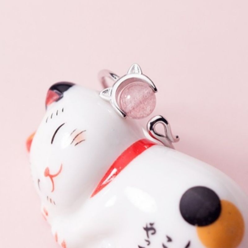 💍台灣現貨🌿S925銀戒指草莓水晶貓開口戒指 貓咪運轉石戒指 運轉著桃花石 招桃花 招人緣-細節圖7