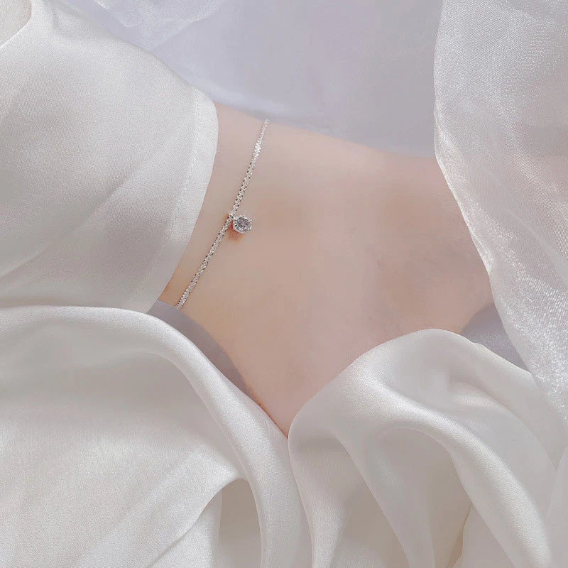 👗台灣現貨🌿腳鍊 單鑽 腳裸鏈 冷淡風 波光粼粼腳鏈ins小眾輕奢氣質時尚個性腳鏈【IO19】-細節圖3