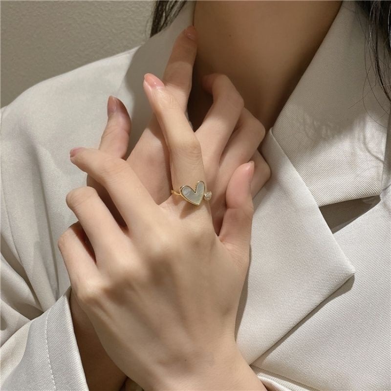 💍台灣現貨🌿韓國愛心貝殼開口戒指女 ins復古小眾設計開口心形戒指 飾品輕奢食指環戒指女戒子【O32】-細節圖4