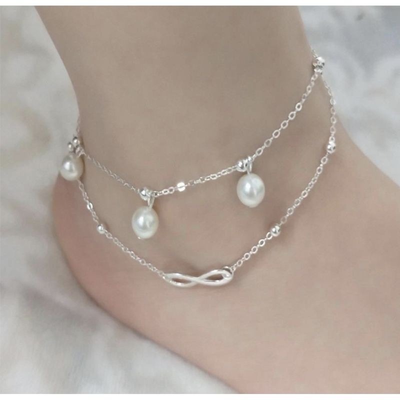 🌸台灣現貨🌿熱賣款✨唯美氣質8字雙層珍珠 腳鍊 雙鏈腳鍊-細節圖2