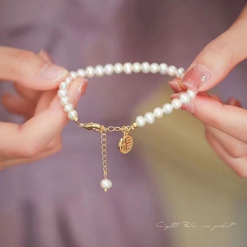 👗台灣現貨🌿復古溫柔祈福手鏈ins小眾珍珠流蘇福牌手鏈閨蜜手飾簡約冷淡風珍珠手鏈【IO11】-細節圖6
