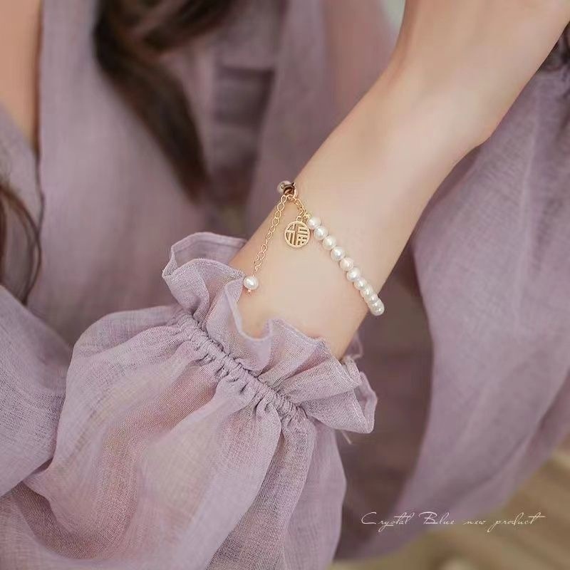 👗台灣現貨🌿復古溫柔祈福手鏈ins小眾珍珠流蘇福牌手鏈閨蜜手飾簡約冷淡風珍珠手鏈【IO11】-細節圖4