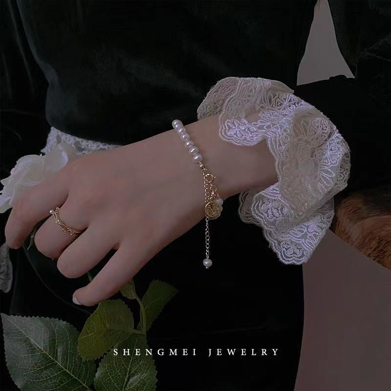 👗台灣現貨🌿復古溫柔祈福手鏈ins小眾珍珠流蘇福牌手鏈閨蜜手飾簡約冷淡風珍珠手鏈【IO11】-細節圖8