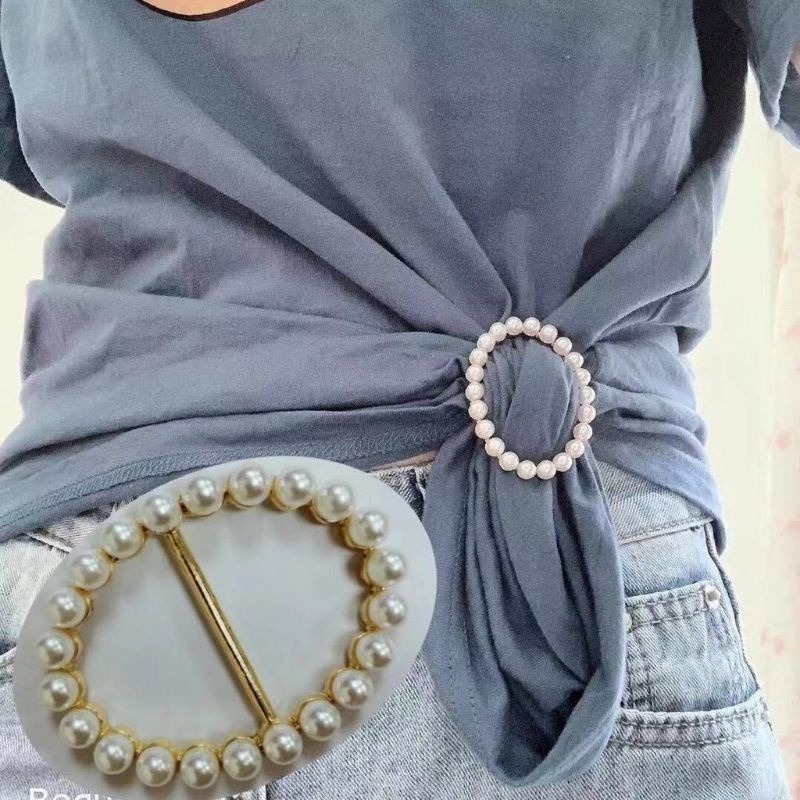 👗台灣現貨🌿韓國風 珍珠水鑽衣角打結扣環 腰扣 絲巾衣服扣 T恤襯衫風衣腰帶百搭日字扣 固定t恤打結神器-細節圖5