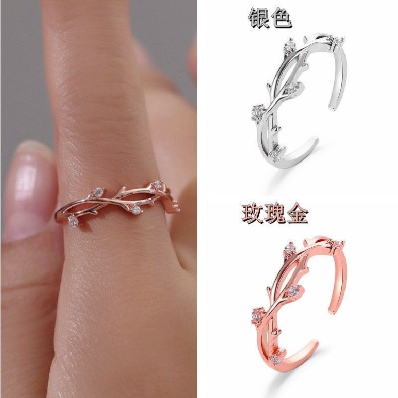 💍台灣現貨🌿💍韓版小清新戒指文藝範鑲鑽樹枝開口單戒創意交叉藤條可調節戒指-細節圖2