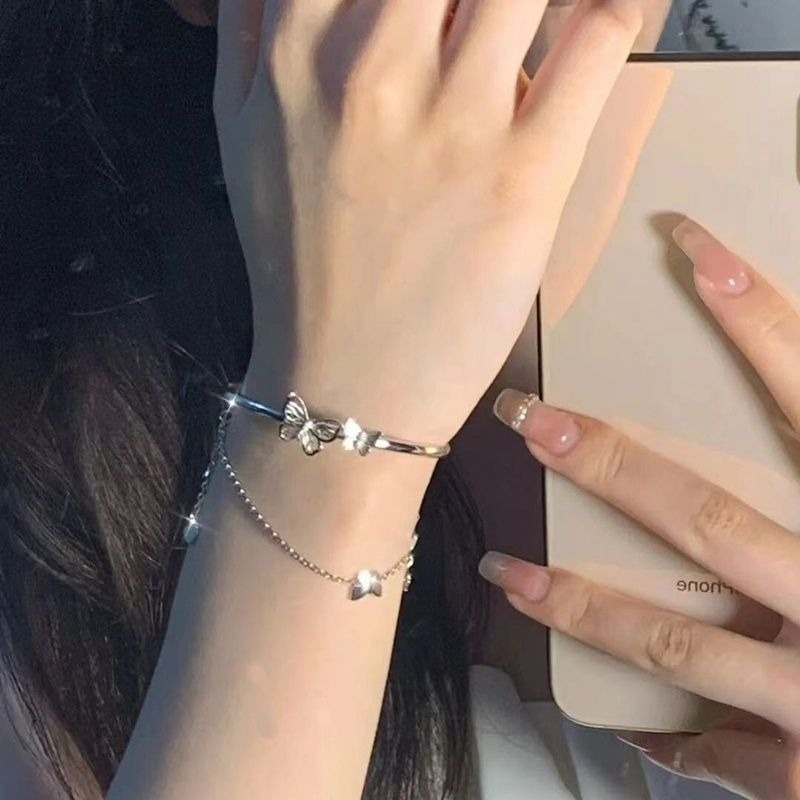 👗台灣現貨🌿雙層蝴蝶鏈條流蘇手環手鍊 小眾設計感仙女甜美閨蜜手鍊時尚百搭手環-細節圖2
