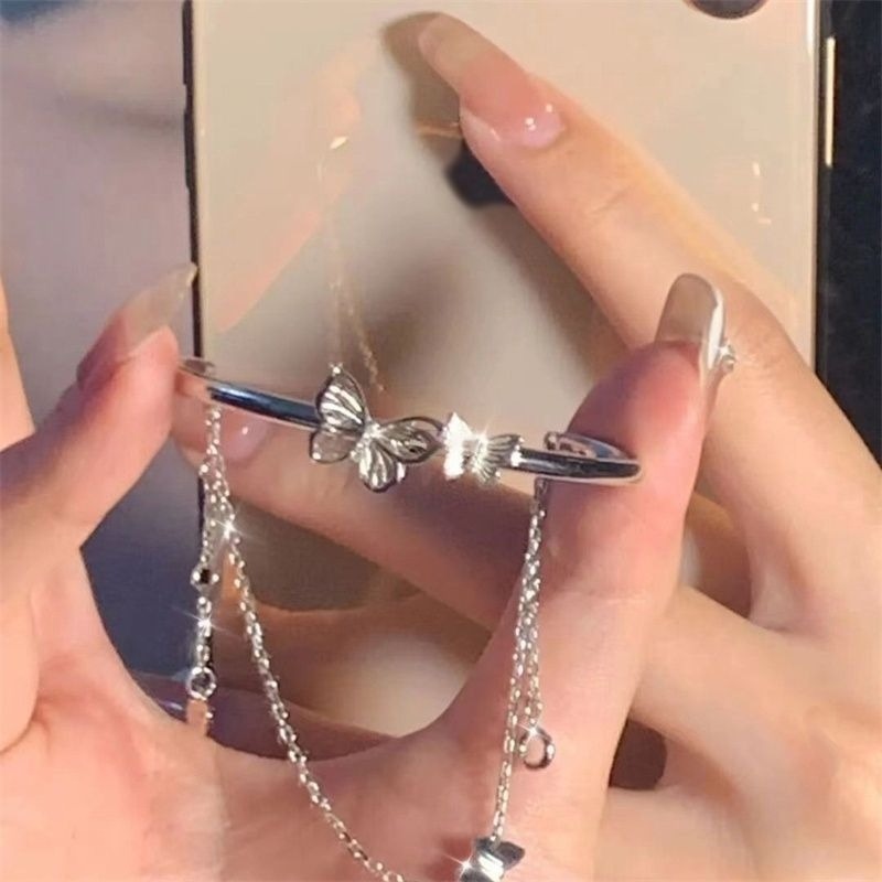 👗台灣現貨🌿雙層蝴蝶鏈條流蘇手環手鍊 小眾設計感仙女甜美閨蜜手鍊時尚百搭手環-細節圖4