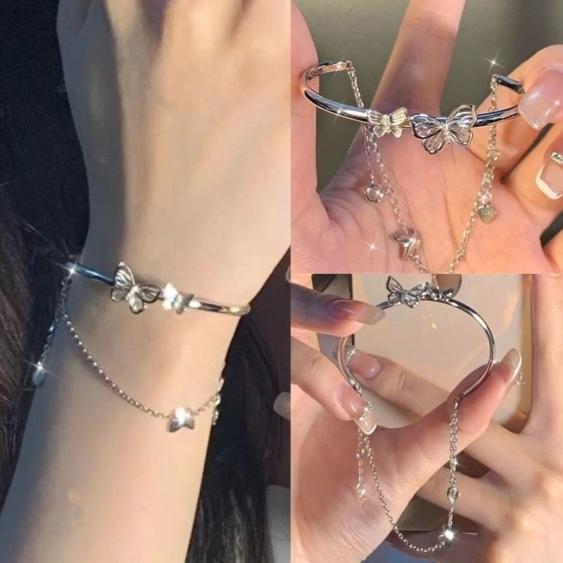 👗台灣現貨🌿雙層蝴蝶鏈條流蘇手環手鍊 小眾設計感仙女甜美閨蜜手鍊時尚百搭手環-細節圖5