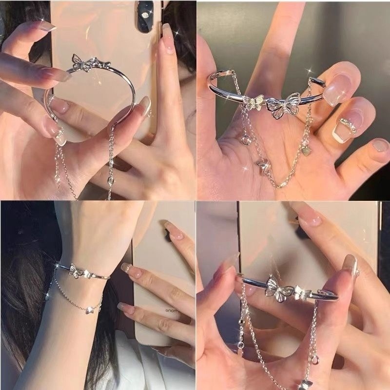 👗台灣現貨🌿雙層蝴蝶鏈條流蘇手環手鍊 小眾設計感仙女甜美閨蜜手鍊時尚百搭手環-細節圖6