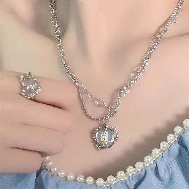 👗台灣現貨🌿分裂愛心多層閃鑽鋯石項鍊 奶白藍愛心蛋白石指環 耳環 甜酷輕奢氣質套組【Q68】-細節圖3