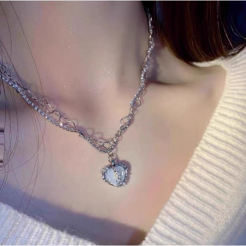 👗台灣現貨🌿分裂愛心多層閃鑽鋯石項鍊 奶白藍愛心蛋白石指環 耳環 甜酷輕奢氣質套組【Q68】-細節圖9