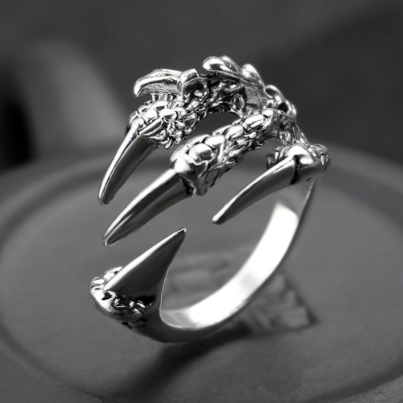 💍台灣現貨🌿龍爪戒指 龍戒指 古銀色酷炫戒指 開口戒指 情侶對戒 指環 可調節大小 霸氣 奢華個性時尚潮【O34】-細節圖5