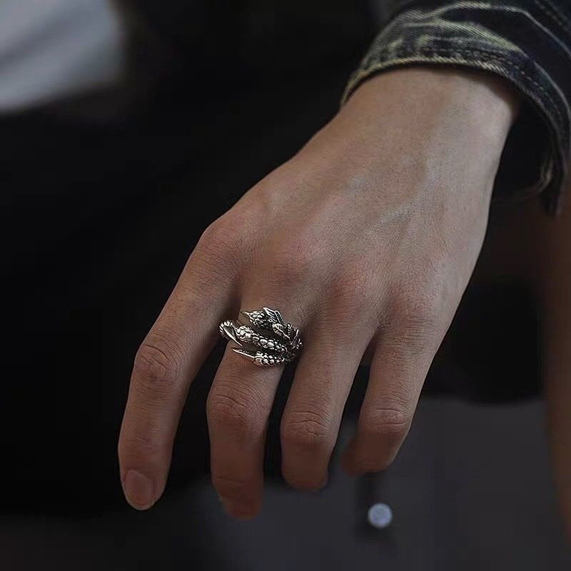 💍台灣現貨🌿龍爪戒指 龍戒指 古銀色酷炫戒指 開口戒指 情侶對戒 指環 可調節大小 霸氣 奢華個性時尚潮【O34】-細節圖7