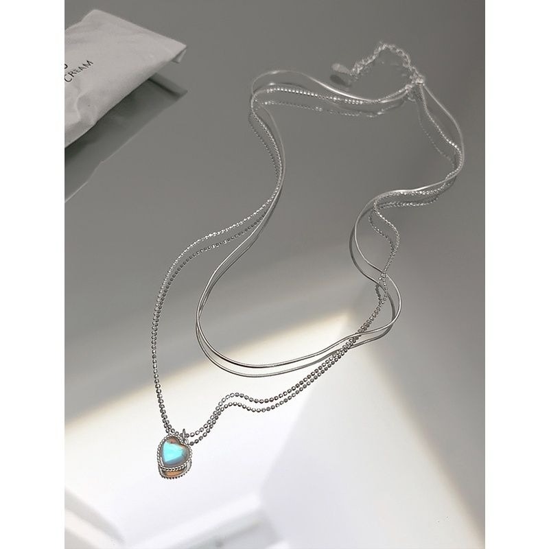 👗台灣現貨🌿甜美輕奢月光石 雙層愛心項鍊 Chic 韓國 短項鍊 銀飾 鎖骨鍊 冷淡風 項鍊【Q69】-細節圖2