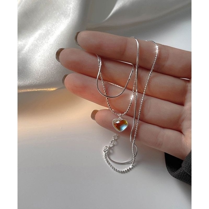 👗台灣現貨🌿甜美輕奢月光石 雙層愛心項鍊 Chic 韓國 短項鍊 銀飾 鎖骨鍊 冷淡風 項鍊【Q69】-細節圖4