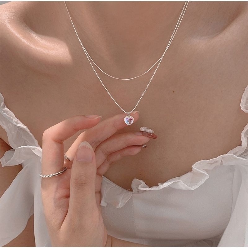 👗台灣現貨🌿甜美輕奢月光石 雙層愛心項鍊 Chic 韓國 短項鍊 銀飾 鎖骨鍊 冷淡風 項鍊【Q69】-細節圖6