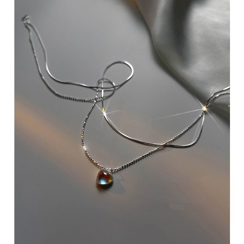 👗台灣現貨🌿甜美輕奢月光石 雙層愛心項鍊 Chic 韓國 短項鍊 銀飾 鎖骨鍊 冷淡風 項鍊【Q69】-細節圖8