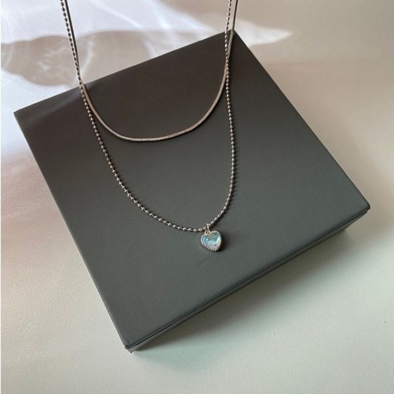 👗台灣現貨🌿甜美輕奢月光石 雙層愛心項鍊 Chic 韓國 短項鍊 銀飾 鎖骨鍊 冷淡風 項鍊【Q69】-細節圖9