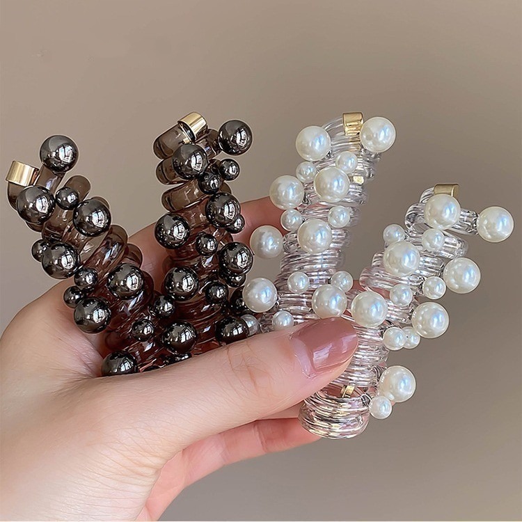 ✨台灣現貨🌿珍珠直條電話線髮圈 百搭經典珠珠鉚釘女生扎馬尾高彈性髮繩 泡泡辮編髮神器頭飾【ND123】-細節圖2