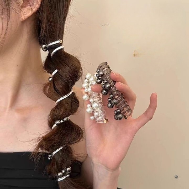 ✨台灣現貨🌿珍珠直條電話線髮圈 百搭經典珠珠鉚釘女生扎馬尾高彈性髮繩 泡泡辮編髮神器頭飾【ND123】-細節圖3