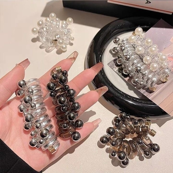 ✨台灣現貨🌿珍珠直條電話線髮圈 百搭經典珠珠鉚釘女生扎馬尾高彈性髮繩 泡泡辮編髮神器頭飾【ND123】-細節圖4