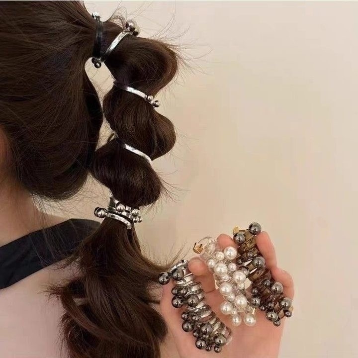 ✨台灣現貨🌿珍珠直條電話線髮圈 百搭經典珠珠鉚釘女生扎馬尾高彈性髮繩 泡泡辮編髮神器頭飾【ND123】-細節圖5