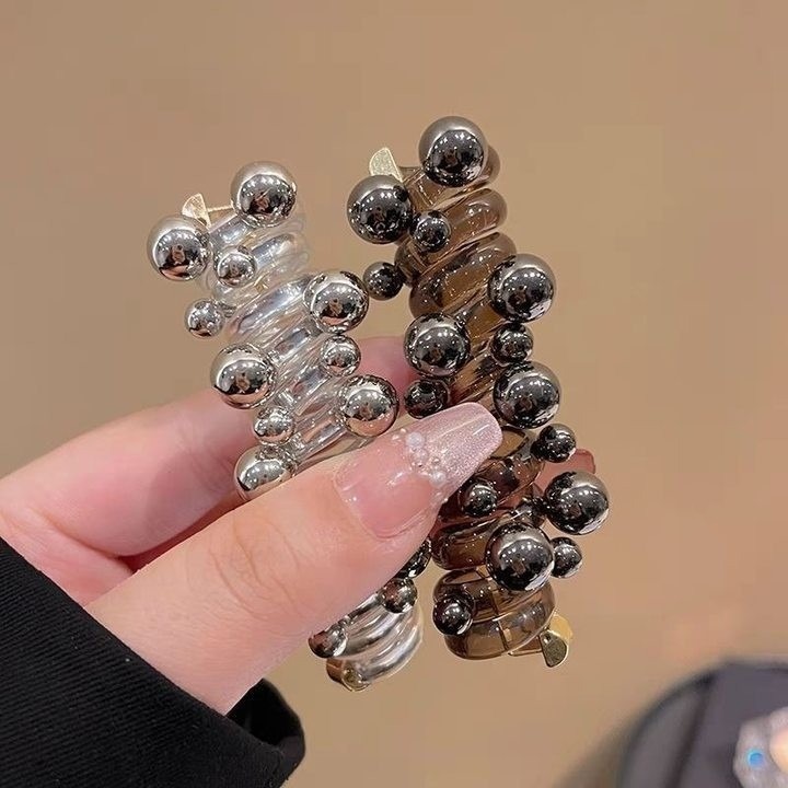 ✨台灣現貨🌿珍珠直條電話線髮圈 百搭經典珠珠鉚釘女生扎馬尾高彈性髮繩 泡泡辮編髮神器頭飾【ND123】-細節圖6