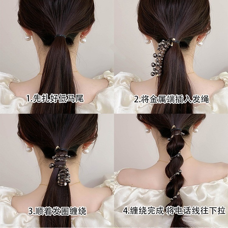 ✨台灣現貨🌿珍珠直條電話線髮圈 百搭經典珠珠鉚釘女生扎馬尾高彈性髮繩 泡泡辮編髮神器頭飾【ND123】-細節圖7