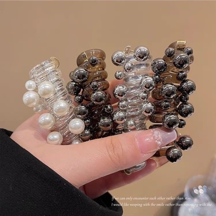 ✨台灣現貨🌿珍珠直條電話線髮圈 百搭經典珠珠鉚釘女生扎馬尾高彈性髮繩 泡泡辮編髮神器頭飾【ND123】-細節圖8