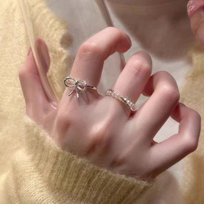 💍台灣現貨🌿蝴蝶結雙層珍珠交錯戒指個性獨特時尚潮流氣質百搭戒指指環食指戒【O75】-細節圖9