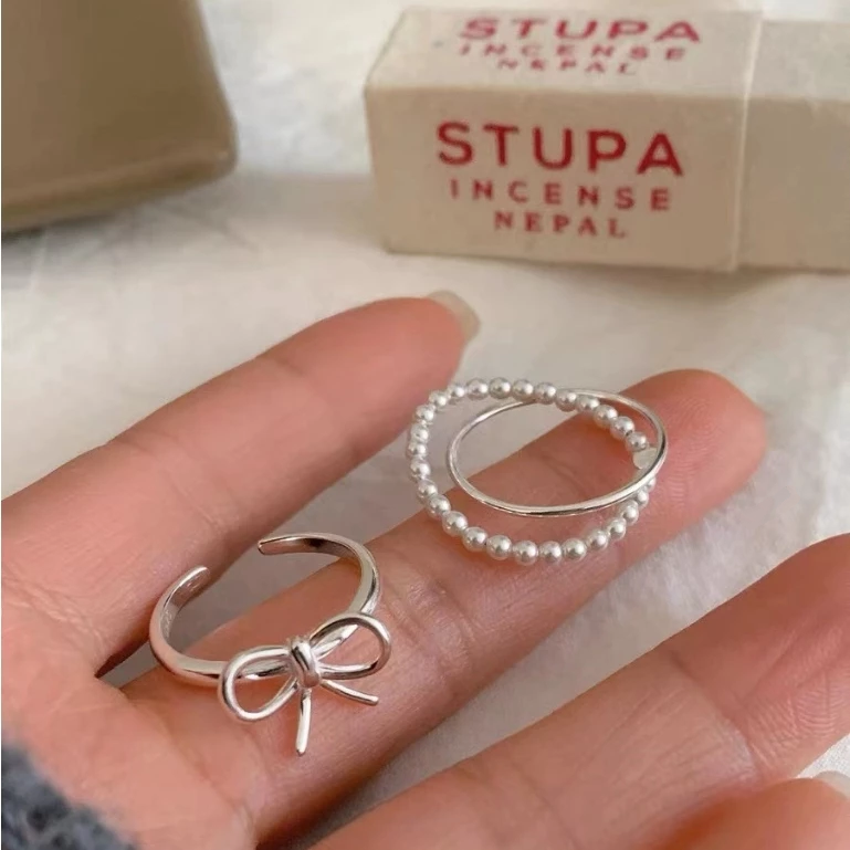 💍台灣現貨🌿蝴蝶結雙層珍珠交錯戒指個性獨特時尚潮流氣質百搭戒指指環食指戒【O75】-規格圖10