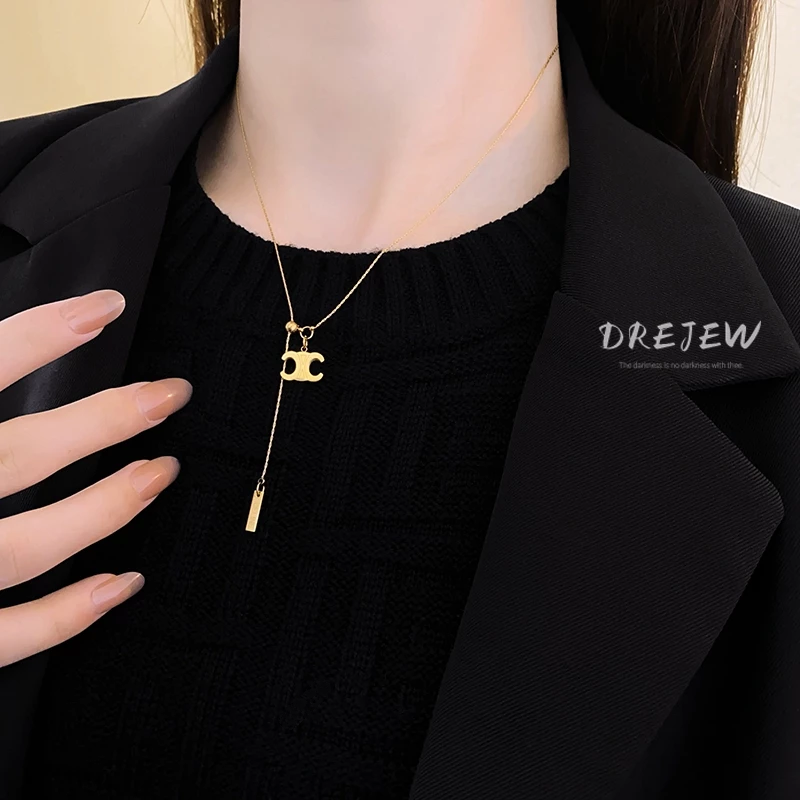 👗台灣現貨🌿鈦鋼字母雙C抽拉式可調節項鍊 法式小眾設計毛衣鏈時尚氣質不掉色大學T鏈【Q82】-細節圖11