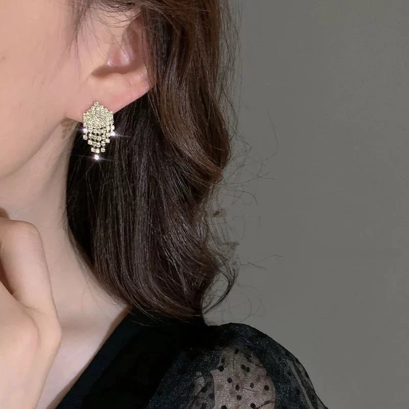 💖台灣現貨🌿閃耀璀鑽短流蘇耳環 925銀針 韓國輕奢簡約設計耳飾【G446】-細節圖3