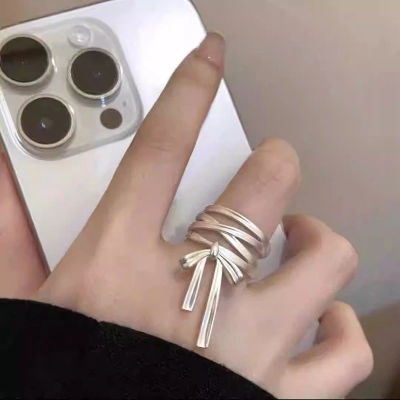 💍台灣現貨🌿芭蕾風蝴蝶結絲帶開口戒指 女生新款小衆獨特設計感可調整指環 網紅時尚個性食指戒【O76】-細節圖7