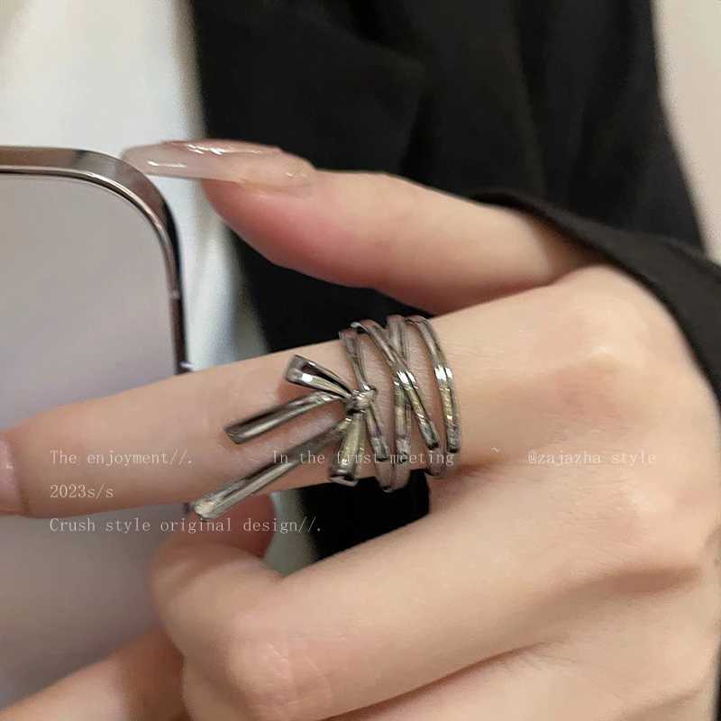 💍台灣現貨🌿芭蕾風蝴蝶結絲帶開口戒指 女生新款小衆獨特設計感可調整指環 網紅時尚個性食指戒【O76】-細節圖11