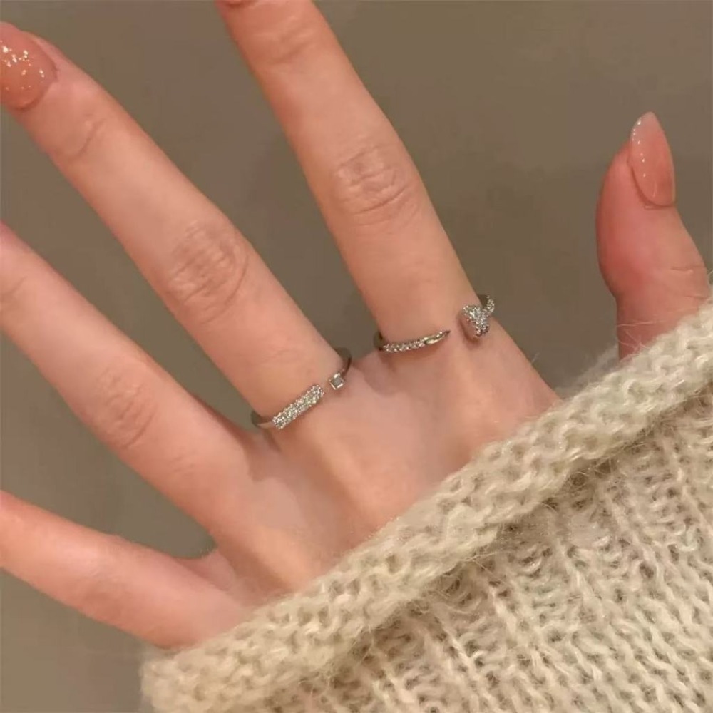 💍台灣現貨🌿新款法式細版微鑲鑽釘子戒指 簡約輕奢小眾設計精緻疊戴食指戒指環【O77】-細節圖3