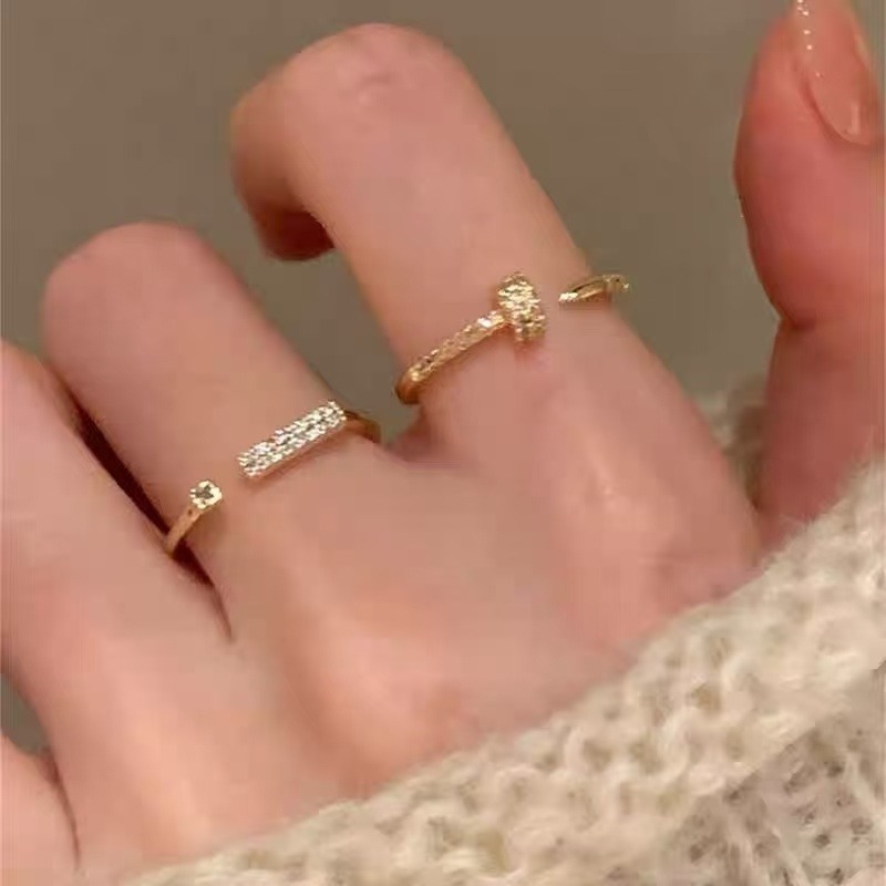 💍台灣現貨🌿新款法式細版微鑲鑽釘子戒指 簡約輕奢小眾設計精緻疊戴食指戒指環【O77】-細節圖4