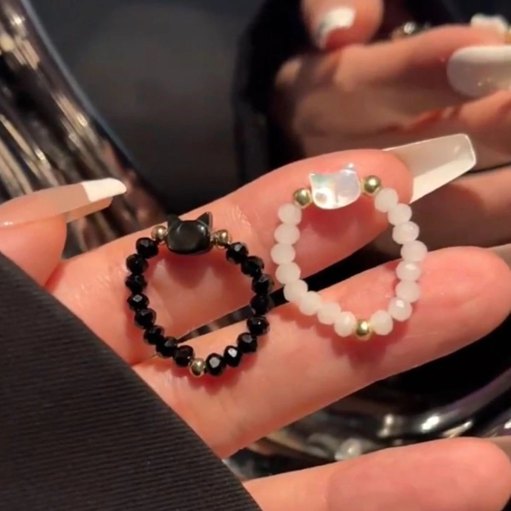 💍台灣現貨🌿卡哇伊 可愛貓咪串珠彈力繩戒指 日韓流行時尚貓咪bestie戒指【O78】-細節圖3