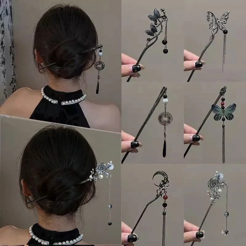 ✨台灣現貨🌿新中式水墨蝴蝶流蘇髮簪 高級感古風步搖流蘇簪子 盤髮髮釵氣質國風髮飾 頭飾【L31】-細節圖3