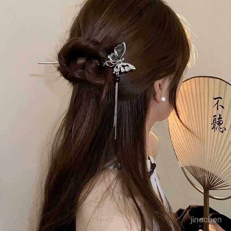 ✨台灣現貨🌿新中式水墨蝴蝶流蘇髮簪 高級感古風步搖流蘇簪子 盤髮髮釵氣質國風髮飾 頭飾【L31】-細節圖7