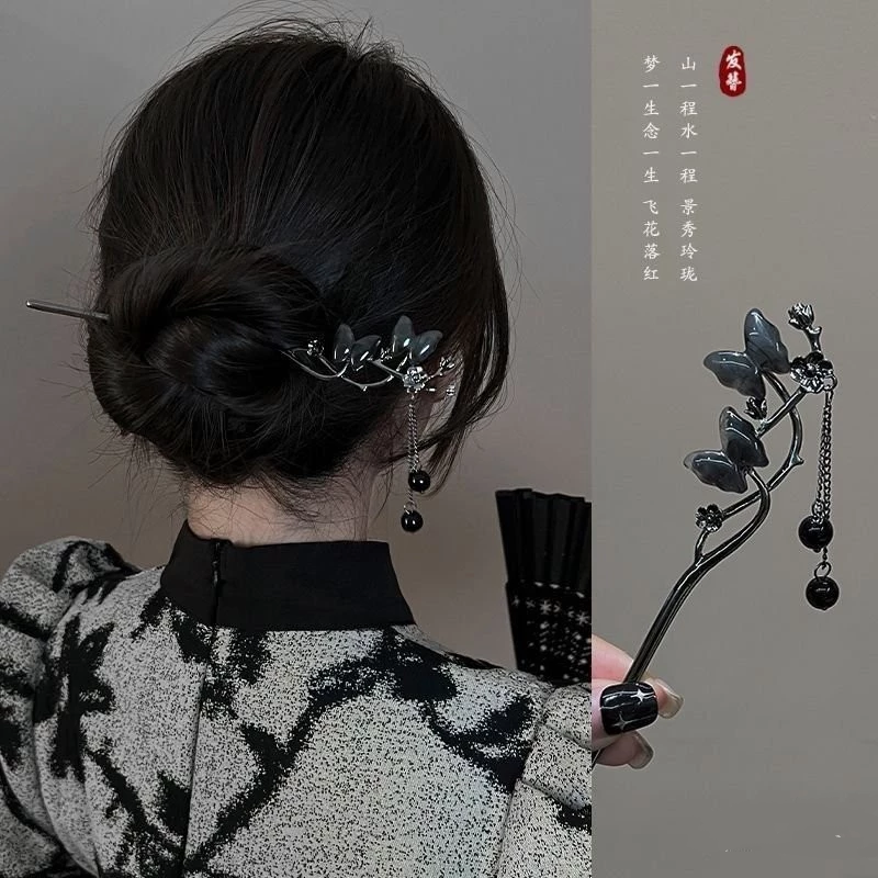 ✨台灣現貨🌿新中式水墨蝴蝶流蘇髮簪 高級感古風步搖流蘇簪子 盤髮髮釵氣質國風髮飾 頭飾【L31】-細節圖9