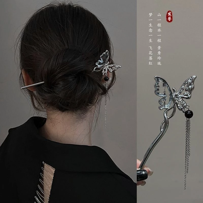 ✨台灣現貨🌿新中式水墨蝴蝶流蘇髮簪 高級感古風步搖流蘇簪子 盤髮髮釵氣質國風髮飾 頭飾【L31】-規格圖11
