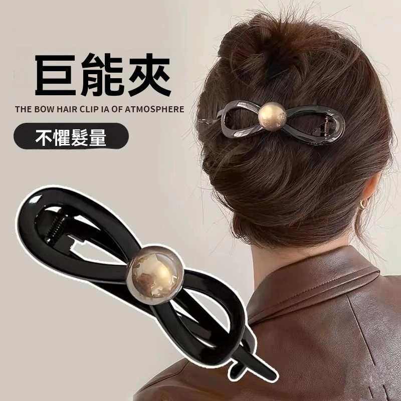 ✨台灣現貨🌿蝴蝶結氣質珍珠扭扭夾 一字夾  簡約金珠彈力夾 8字髮夾盤髮馬尾夾【N136】-細節圖2