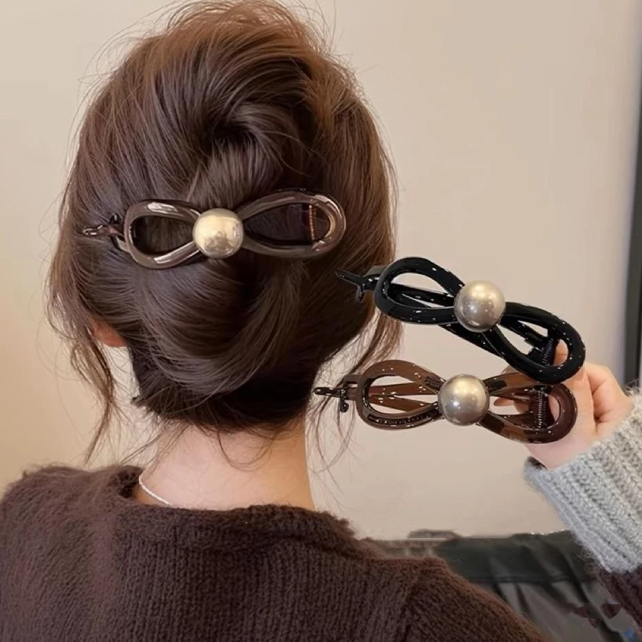 ✨台灣現貨🌿蝴蝶結氣質珍珠扭扭夾 一字夾  簡約金珠彈力夾 8字髮夾盤髮馬尾夾【N136】-細節圖4
