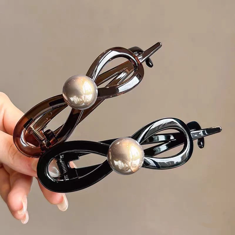 ✨台灣現貨🌿蝴蝶結氣質珍珠扭扭夾 一字夾  簡約金珠彈力夾 8字髮夾盤髮馬尾夾【N136】-細節圖8