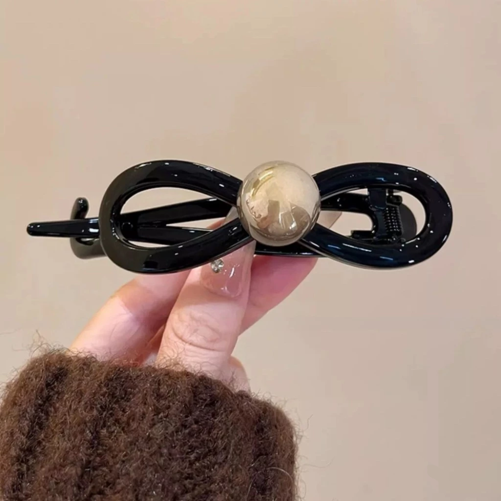 ✨台灣現貨🌿蝴蝶結氣質珍珠扭扭夾 一字夾  簡約金珠彈力夾 8字髮夾盤髮馬尾夾【N136】-細節圖10