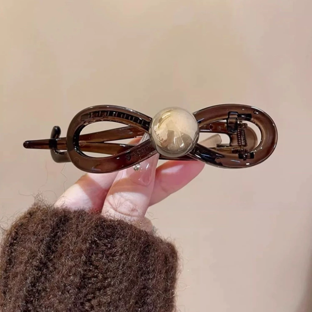 ✨台灣現貨🌿蝴蝶結氣質珍珠扭扭夾 一字夾  簡約金珠彈力夾 8字髮夾盤髮馬尾夾【N136】-細節圖11